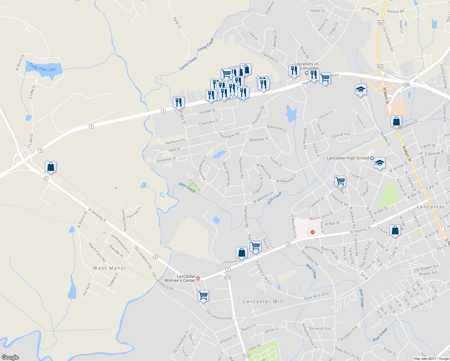 map of restaurants, bars, coffee shops, grocery stores, and more near 518 Rock Springs Road in Lancaster