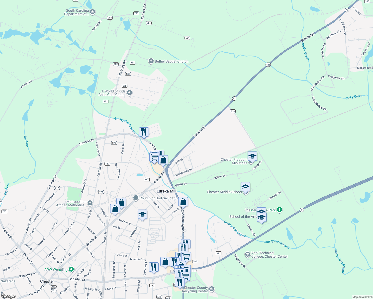 map of restaurants, bars, coffee shops, grocery stores, and more near 722 Saluda Rd in Chester