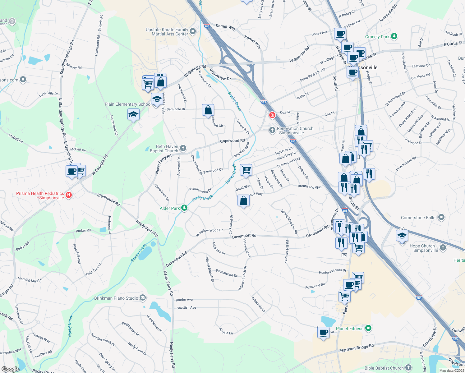 map of restaurants, bars, coffee shops, grocery stores, and more near 814 Brentwood Way in Simpsonville