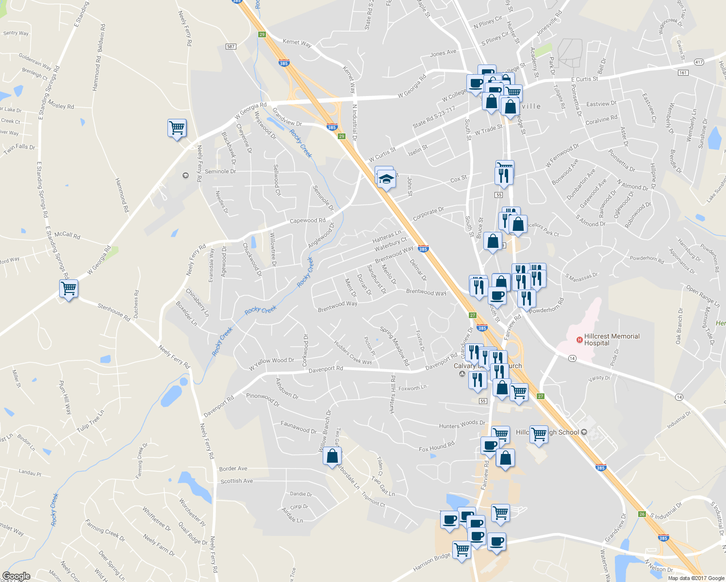 map of restaurants, bars, coffee shops, grocery stores, and more near 112 Dorian Drive in Simpsonville