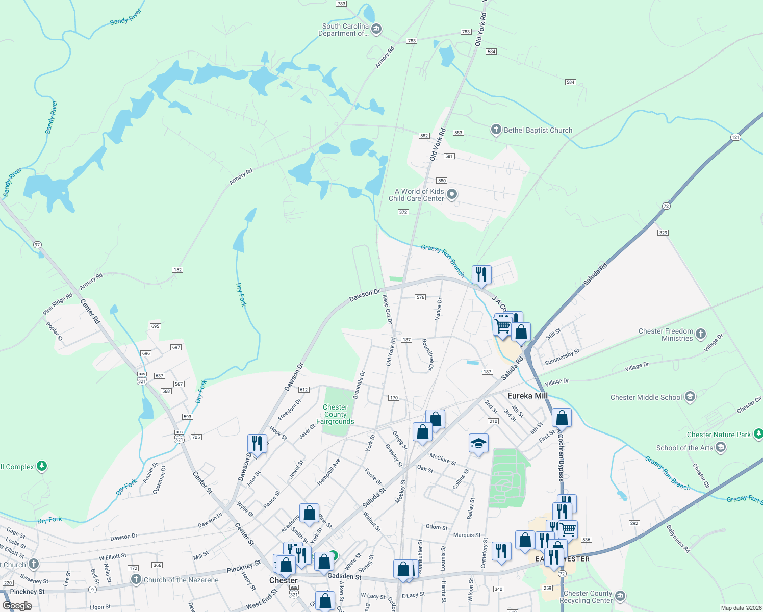 map of restaurants, bars, coffee shops, grocery stores, and more near 535 Keep Out Drive in Chester