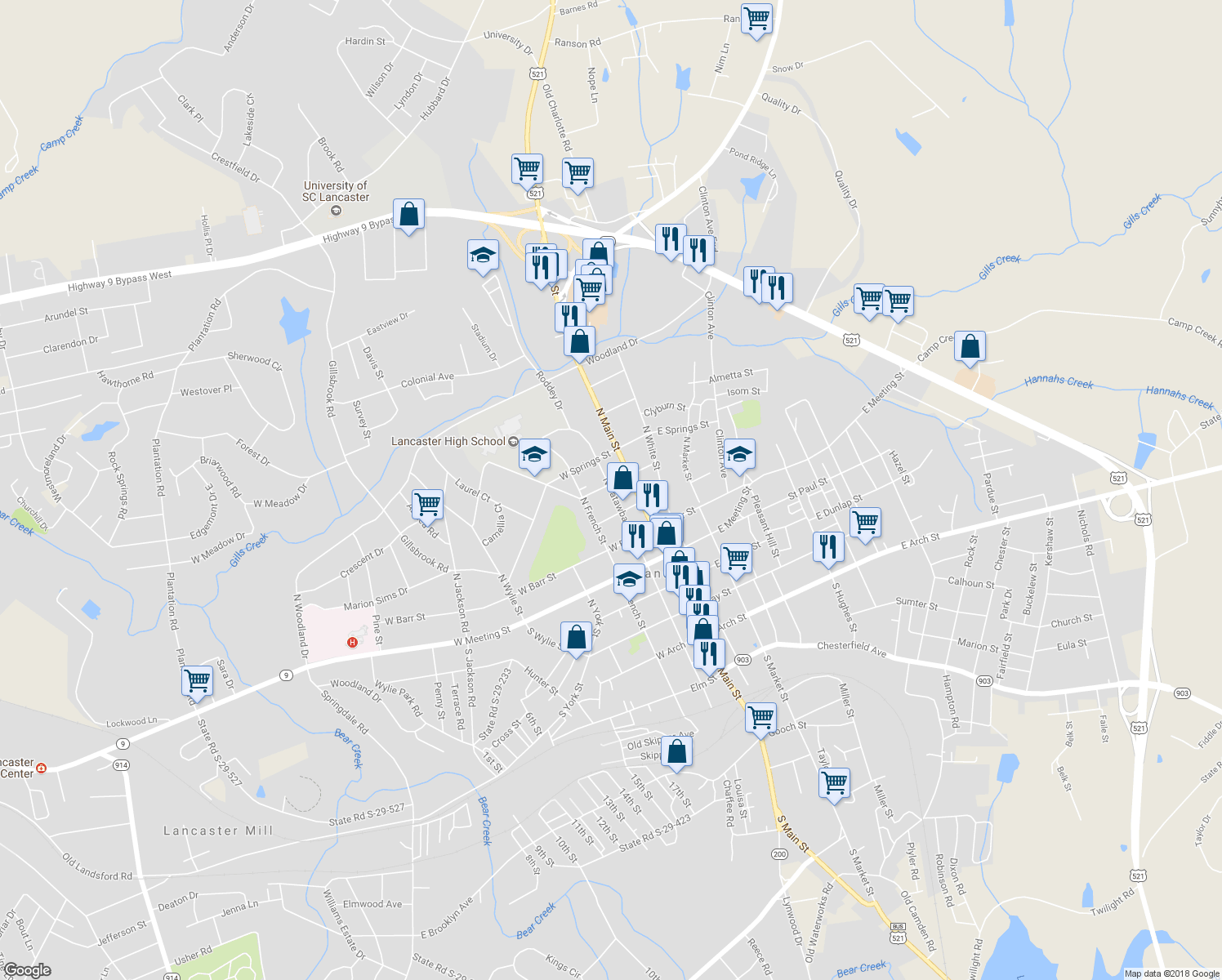 map of restaurants, bars, coffee shops, grocery stores, and more near North Catawba Street in Lancaster
