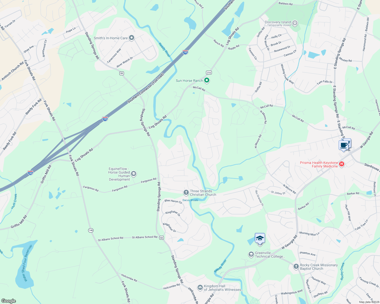 map of restaurants, bars, coffee shops, grocery stores, and more near 9 Leaping Brook Way in Greenville