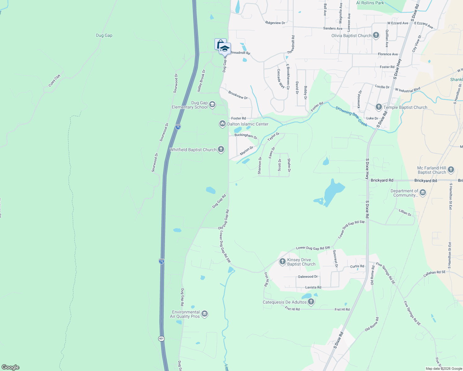 map of restaurants, bars, coffee shops, grocery stores, and more near 2309 Dug Gap Road in Dalton