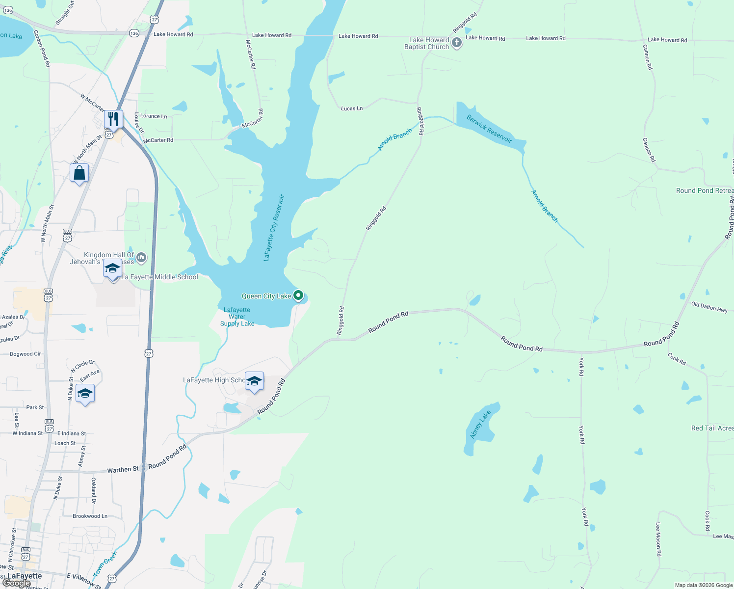 map of restaurants, bars, coffee shops, grocery stores, and more near 4384 Round Pond Road in LaFayette