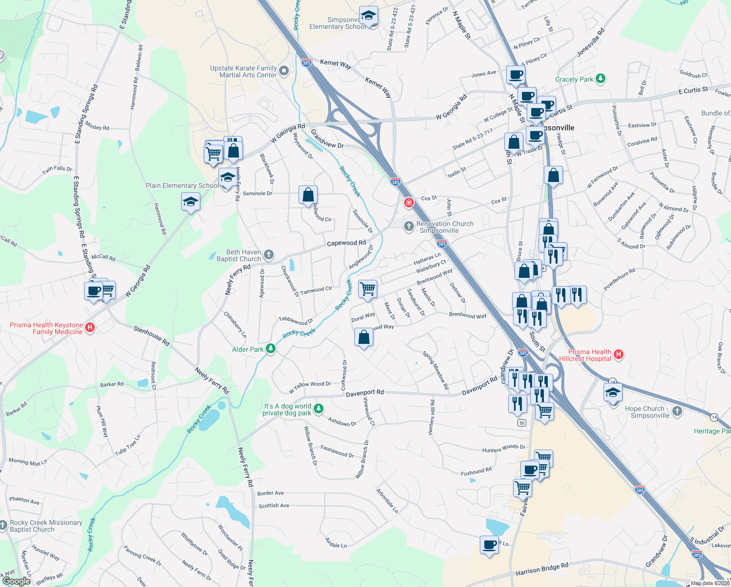 map of restaurants, bars, coffee shops, grocery stores, and more near 317 Waterbury Court in Simpsonville