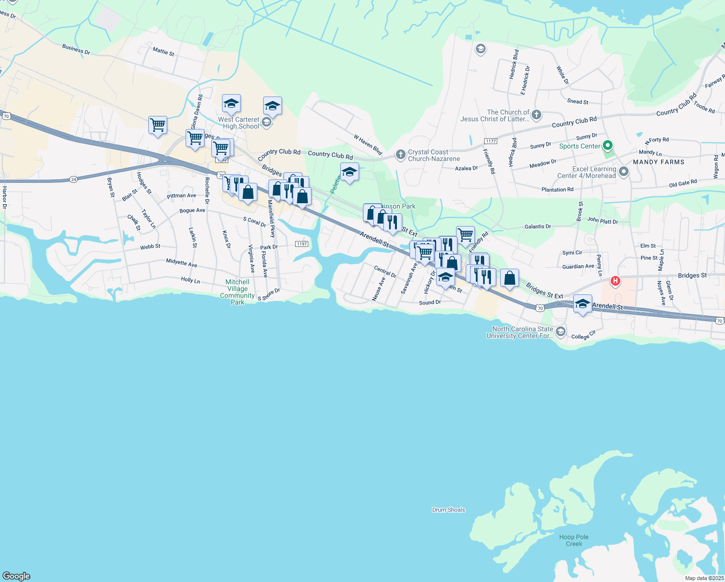 map of restaurants, bars, coffee shops, grocery stores, and more near 218 Pamlico Avenue in Morehead City