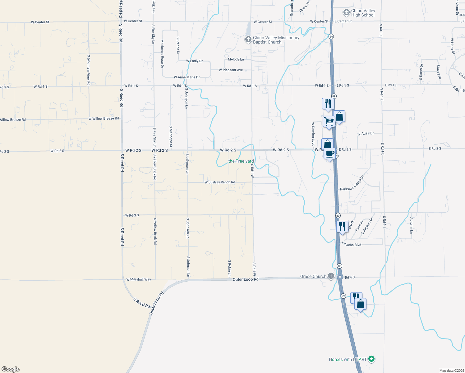 map of restaurants, bars, coffee shops, grocery stores, and more near 1155 West Justray Ranch Road in Chino Valley