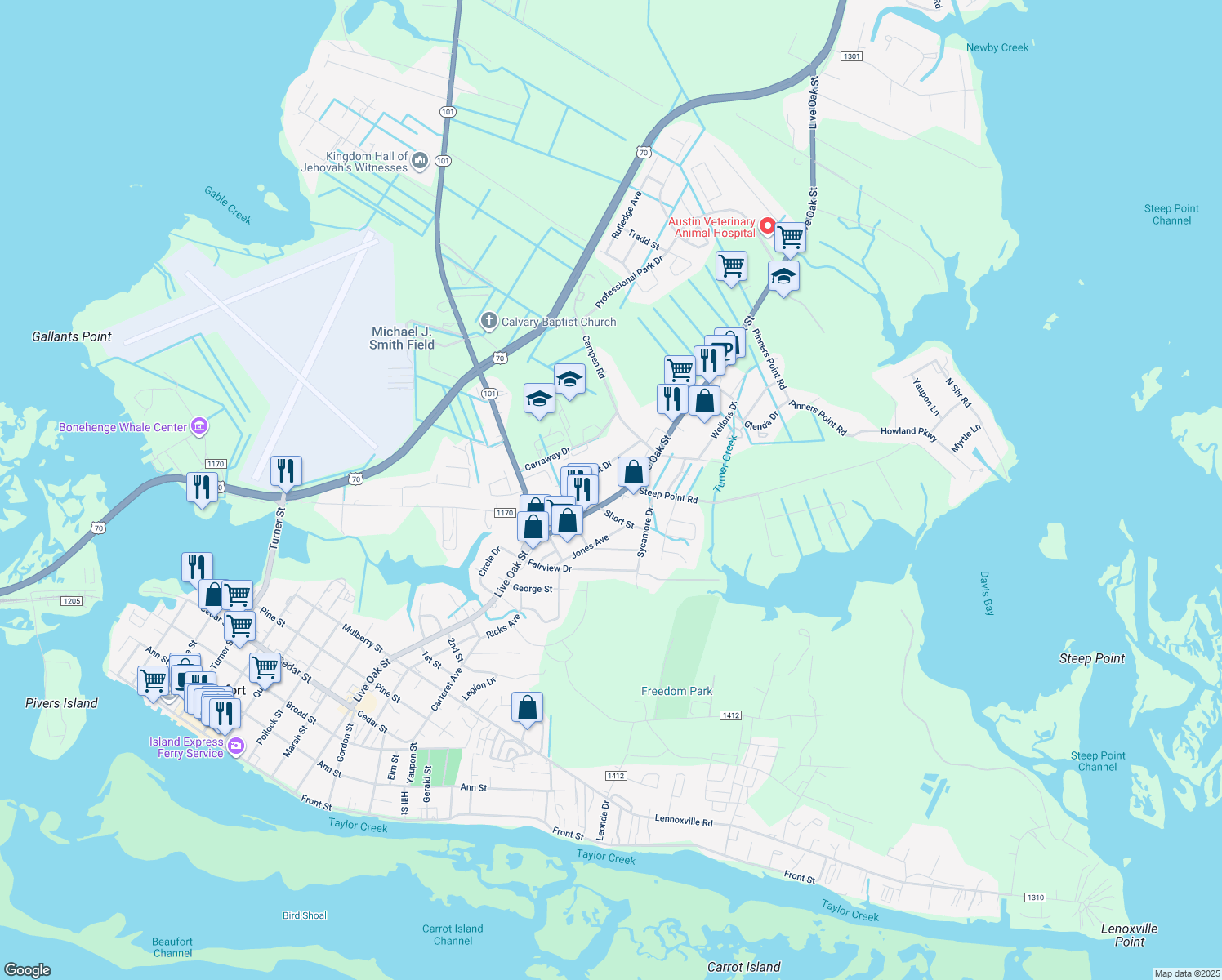 map of restaurants, bars, coffee shops, grocery stores, and more near 1623 Live Oak Street in Beaufort