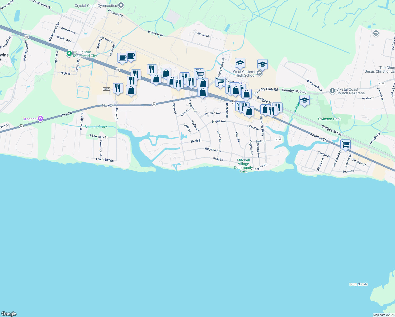 map of restaurants, bars, coffee shops, grocery stores, and more near 5122 Holly Lane in Morehead City