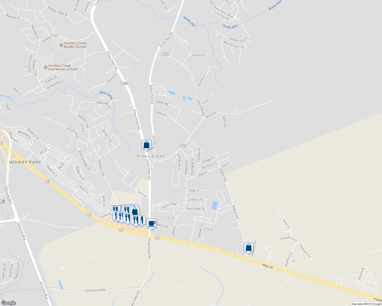 map of restaurants, bars, coffee shops, grocery stores, and more near 207 Cukela Street in Piney Green