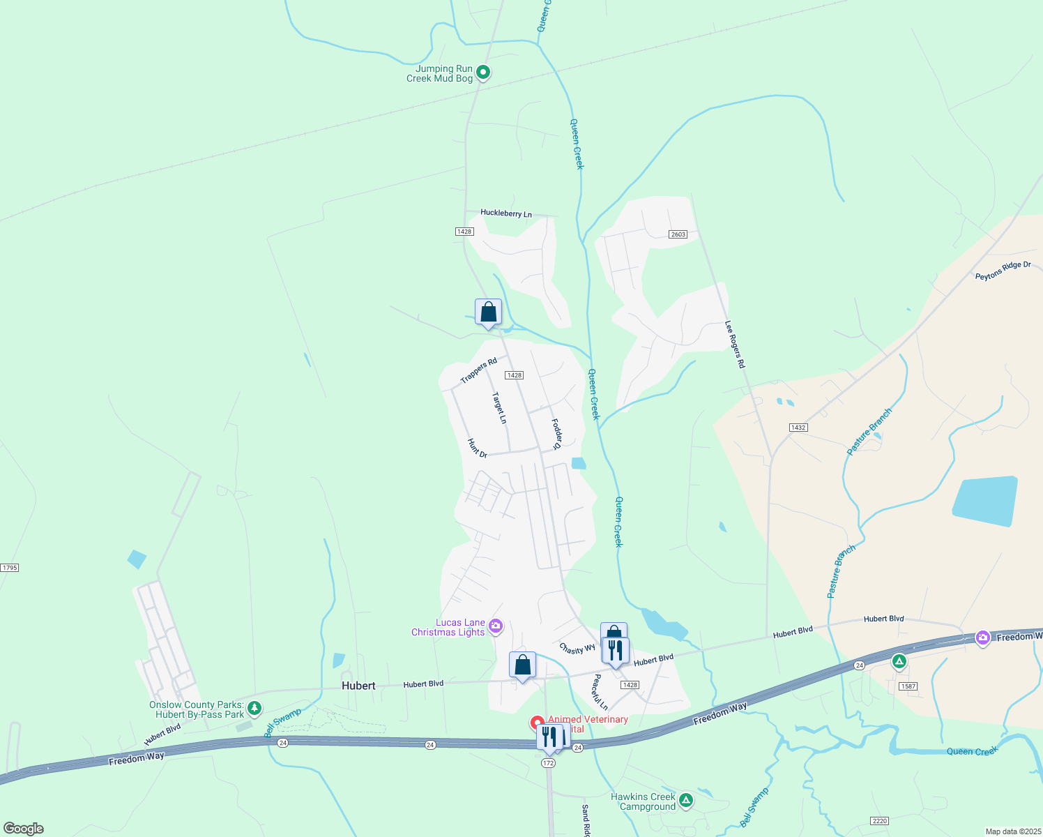 map of restaurants, bars, coffee shops, grocery stores, and more near 295 Riggs Road in Hubert
