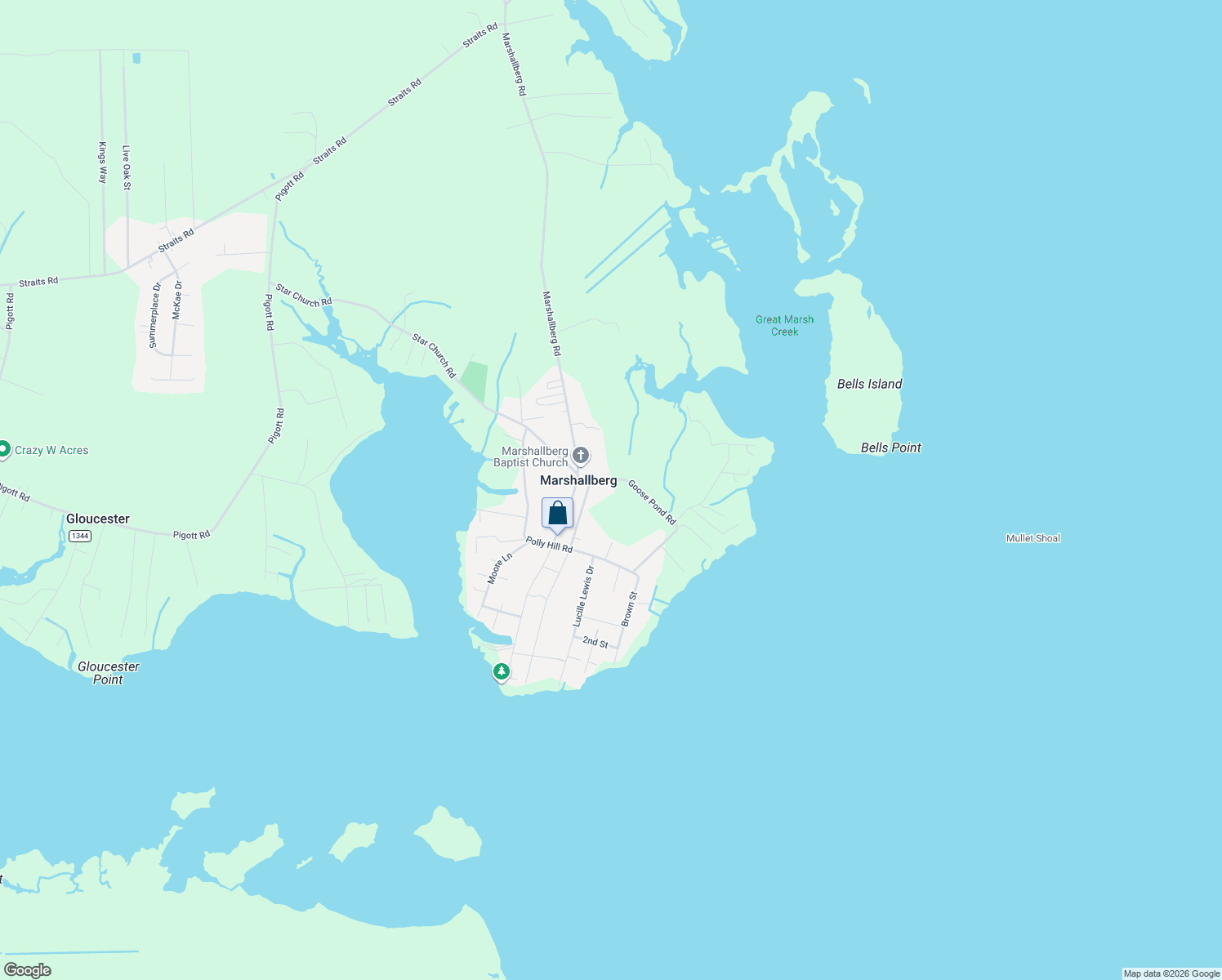 map of restaurants, bars, coffee shops, grocery stores, and more near 142 Goose Pond Road in Marshallberg