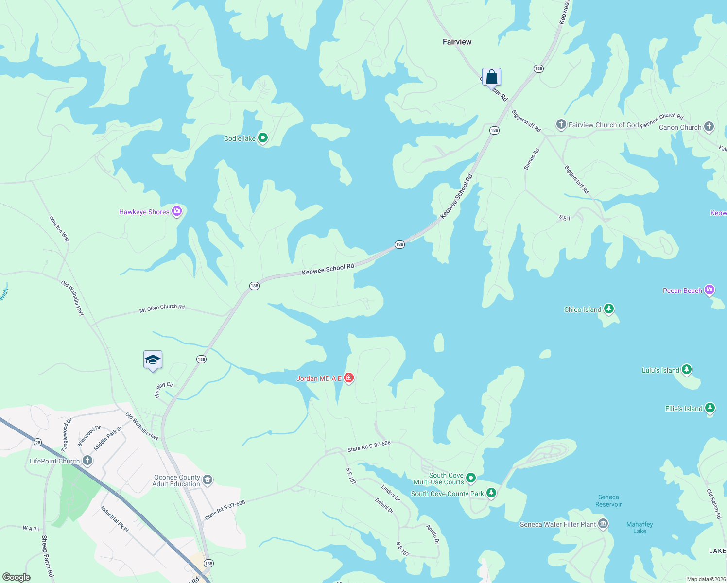 map of restaurants, bars, coffee shops, grocery stores, and more near 213 Amethyst Way in Seneca