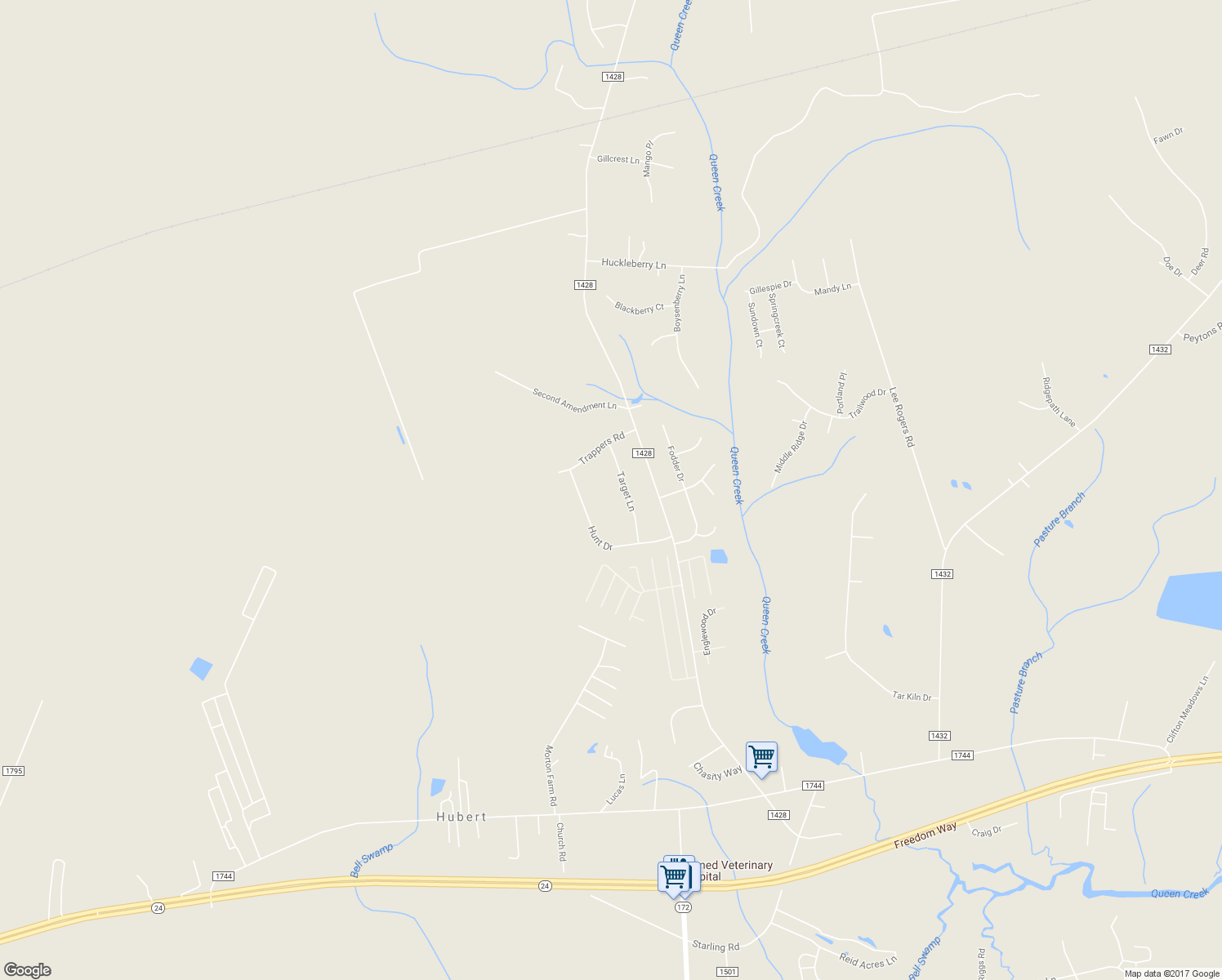 map of restaurants, bars, coffee shops, grocery stores, and more near 215 Target Lane in Hubert