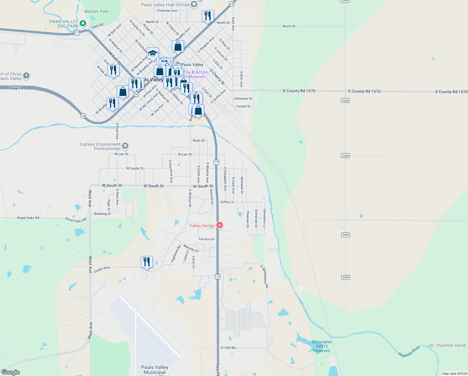 map of restaurants, bars, coffee shops, grocery stores, and more near 201 West Grant Avenue in Pauls Valley
