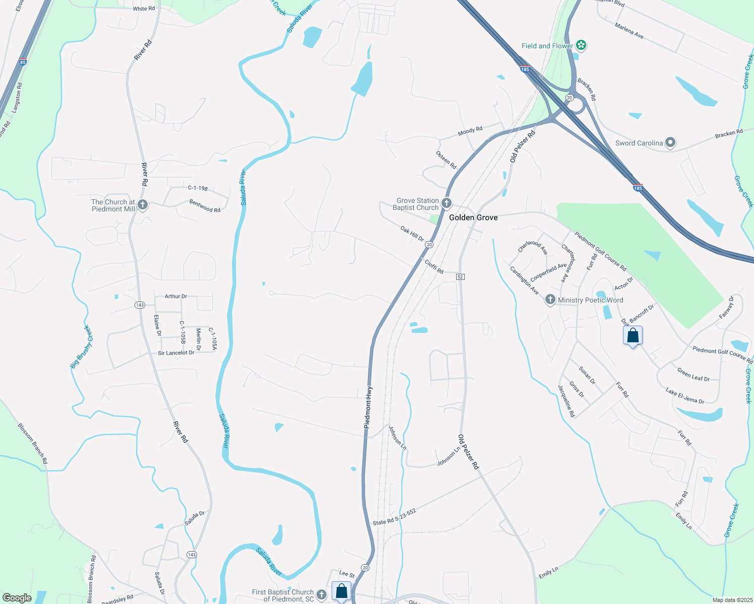 map of restaurants, bars, coffee shops, grocery stores, and more near 303 Sunny Lane in Piedmont