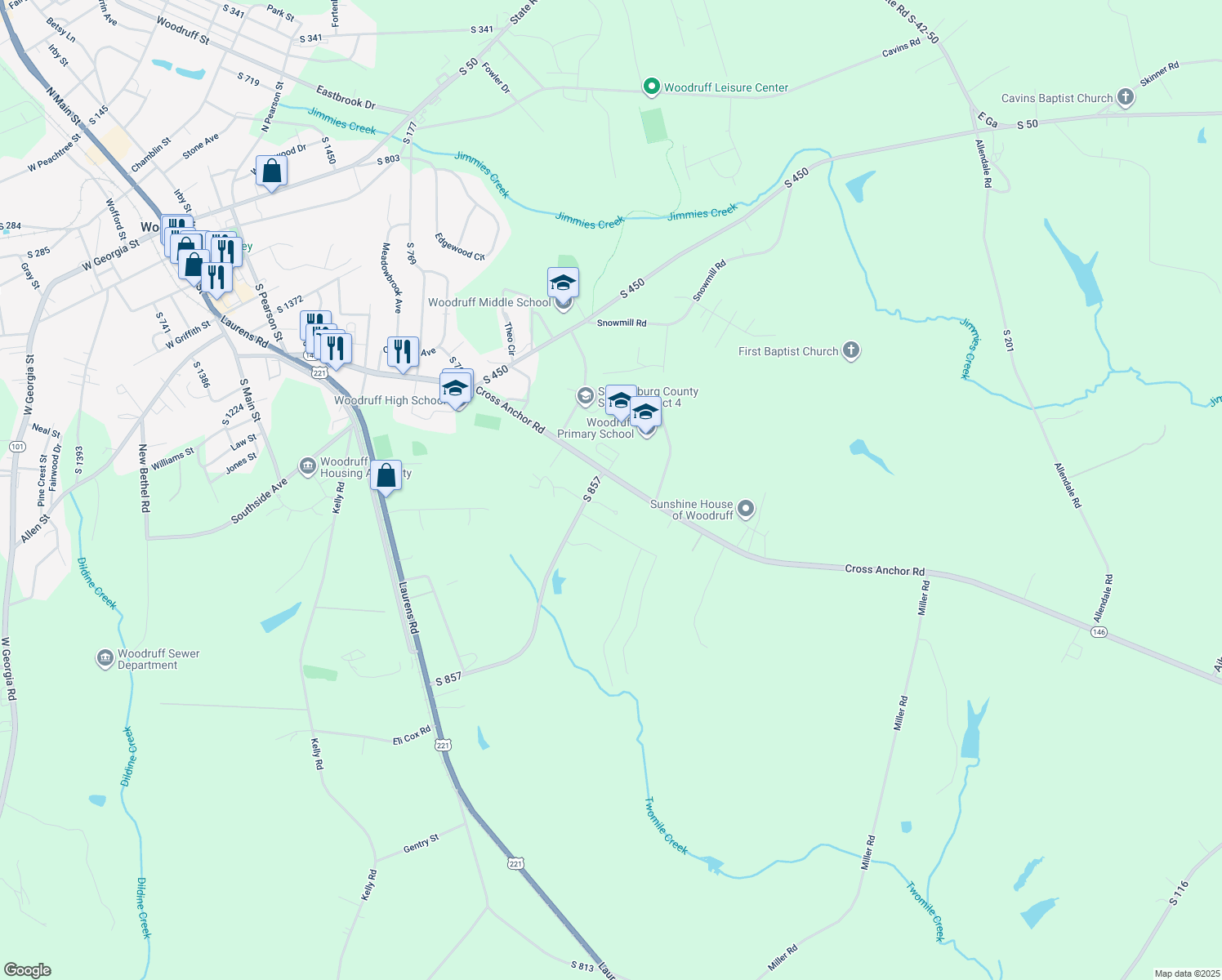 map of restaurants, bars, coffee shops, grocery stores, and more near 1026 Cross Anchor Road in Woodruff