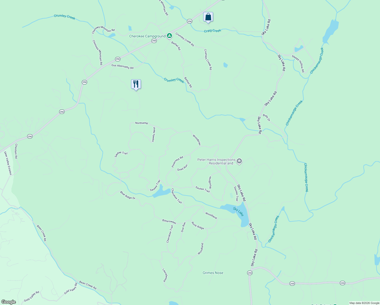 map of restaurants, bars, coffee shops, grocery stores, and more near 189-551 Pinecrest Rd in Sautee Nacoochee