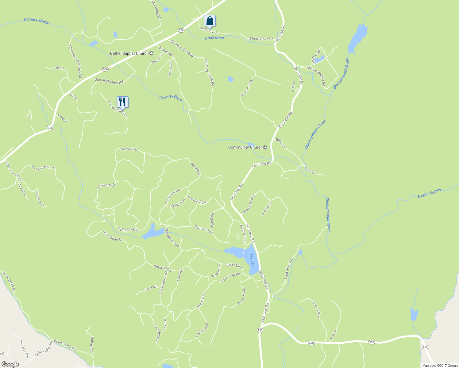 map of restaurants, bars, coffee shops, grocery stores, and more near 1365 Sky Lake Road in Sautee Nacoochee