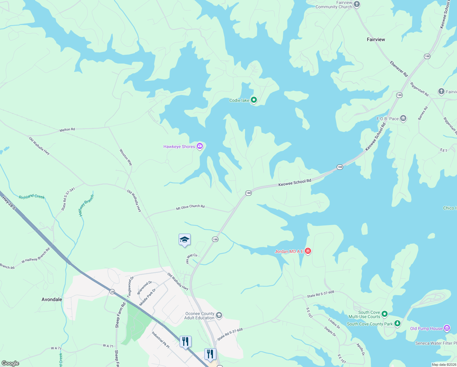 map of restaurants, bars, coffee shops, grocery stores, and more near 203 Harbor View Ln in Seneca