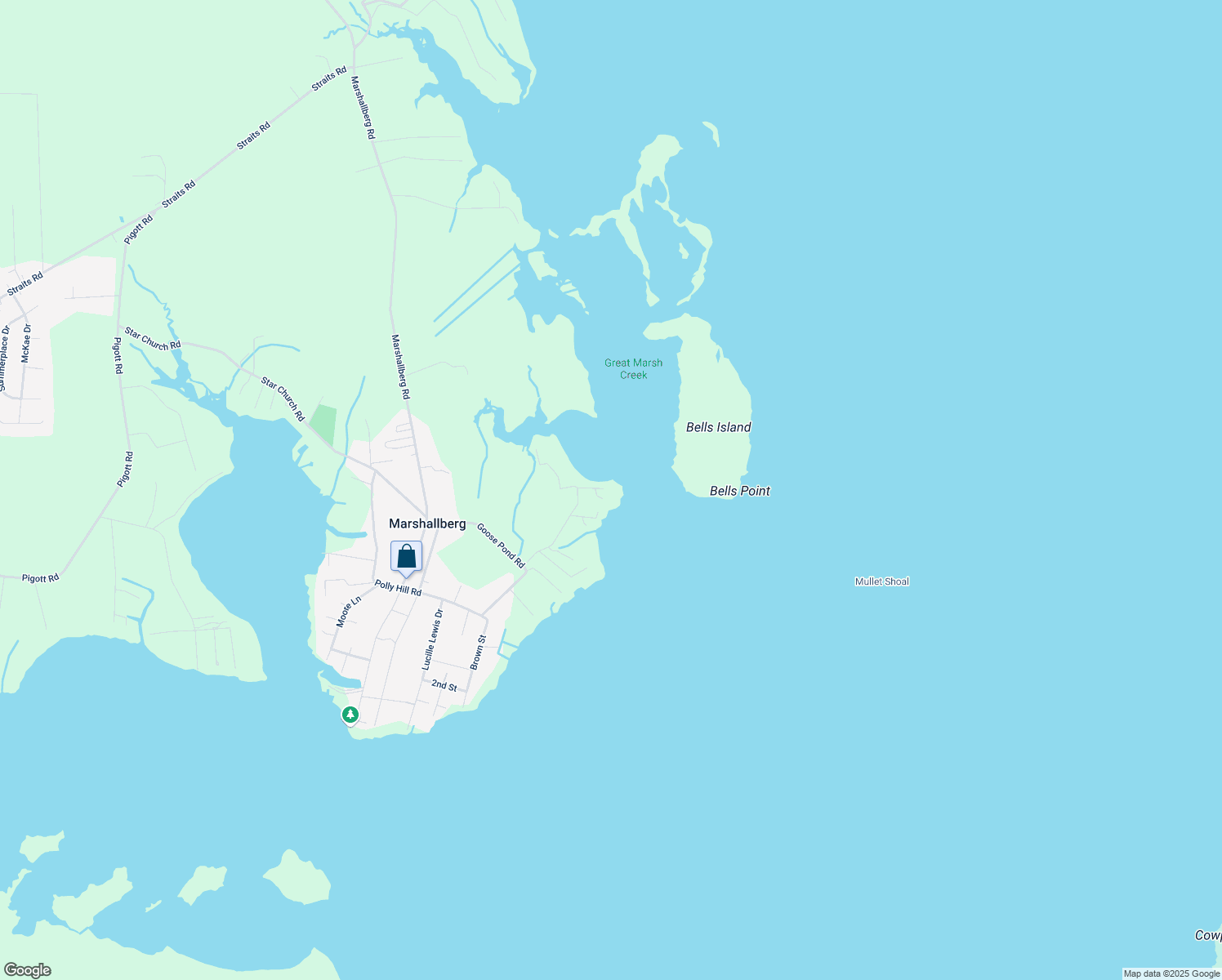 map of restaurants, bars, coffee shops, grocery stores, and more near 131 Pelican Road in Marshallberg