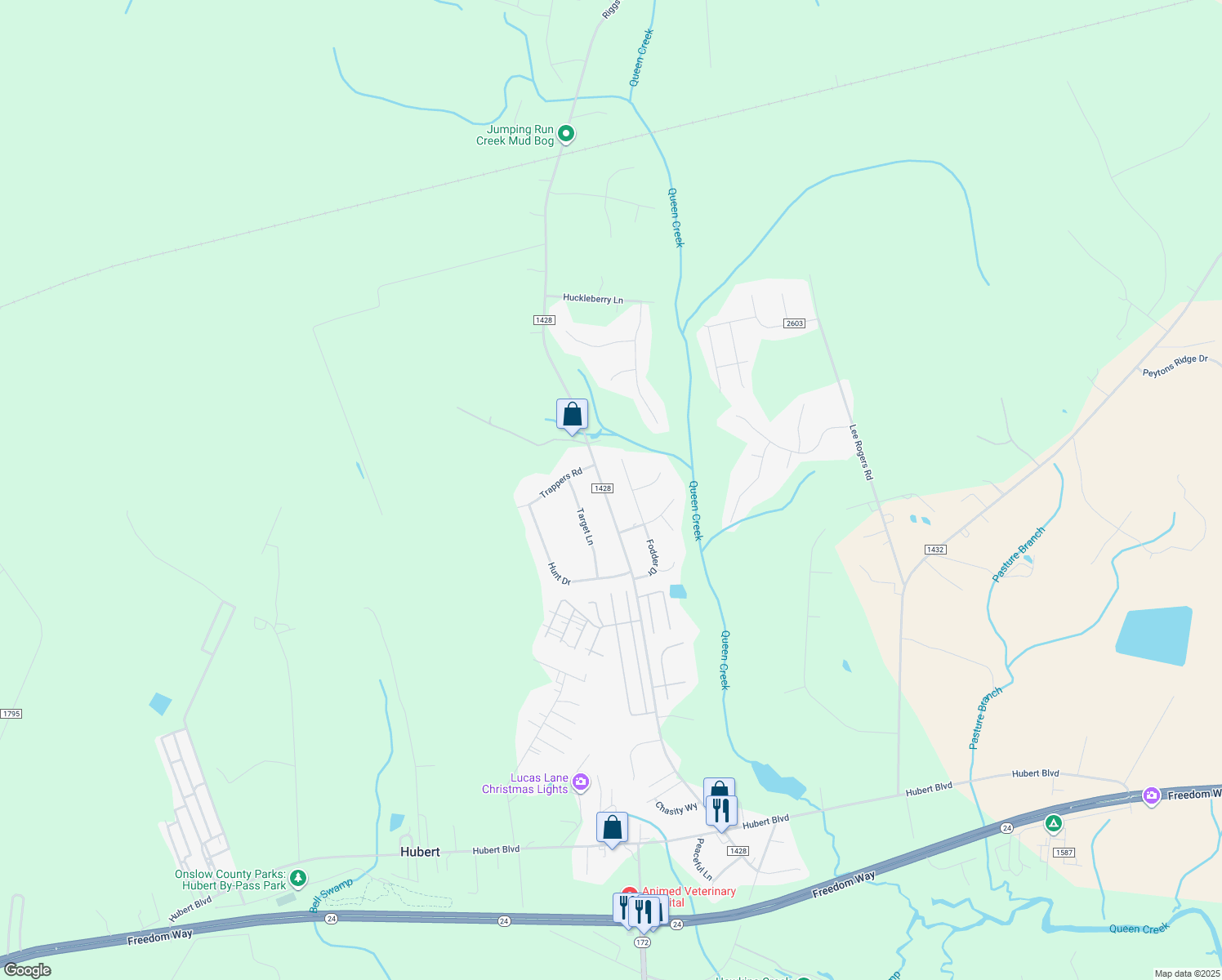 map of restaurants, bars, coffee shops, grocery stores, and more near 322 Riggs Road in Hubert