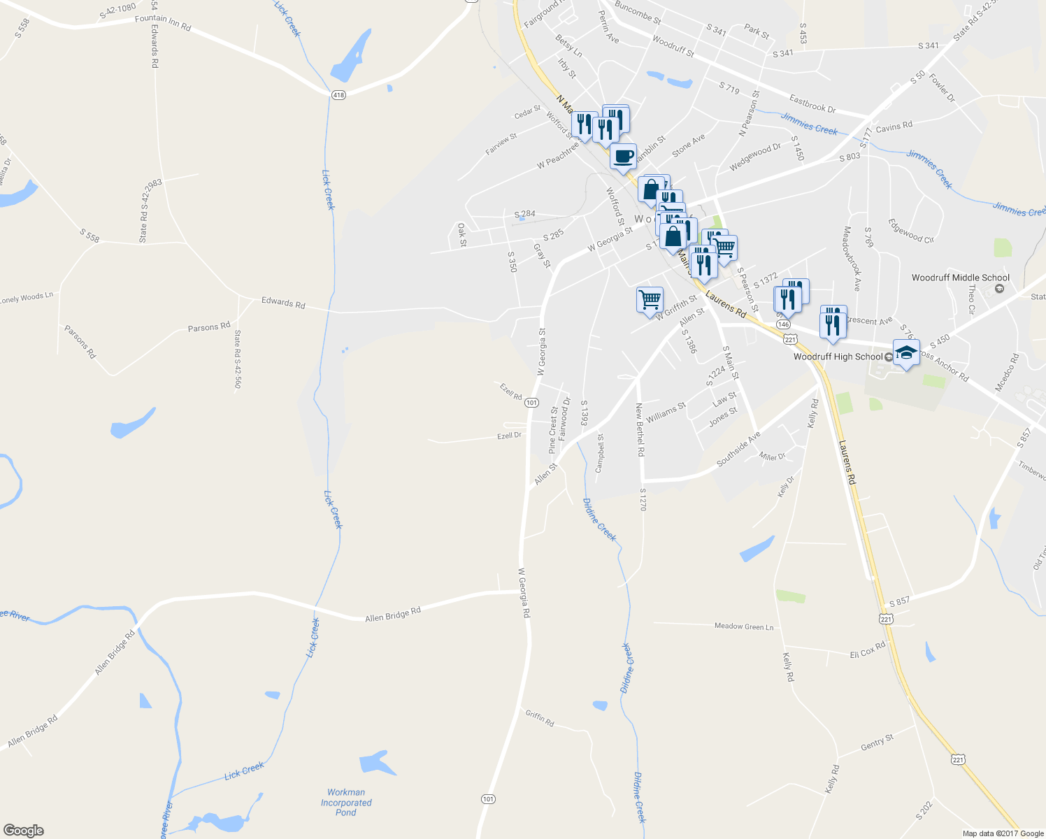 map of restaurants, bars, coffee shops, grocery stores, and more near 1024 West Georgia Road in Woodruff