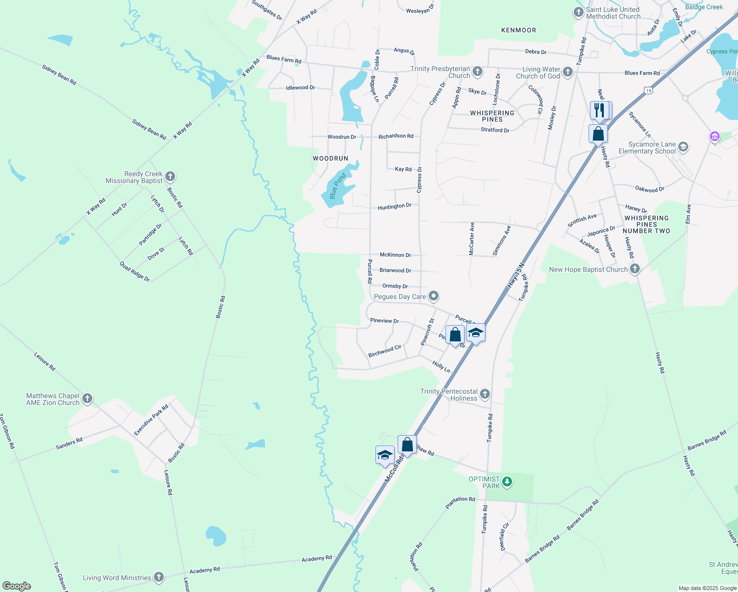 map of restaurants, bars, coffee shops, grocery stores, and more near 11720 Purcell Road in Laurinburg