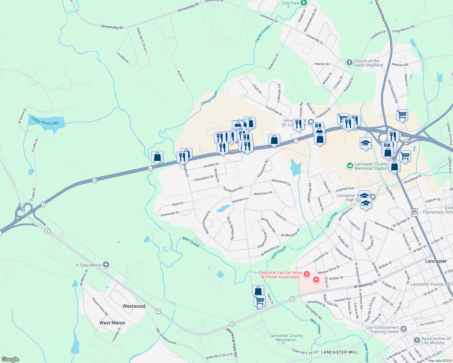map of restaurants, bars, coffee shops, grocery stores, and more near 1126 Hawthorne Road in Lancaster