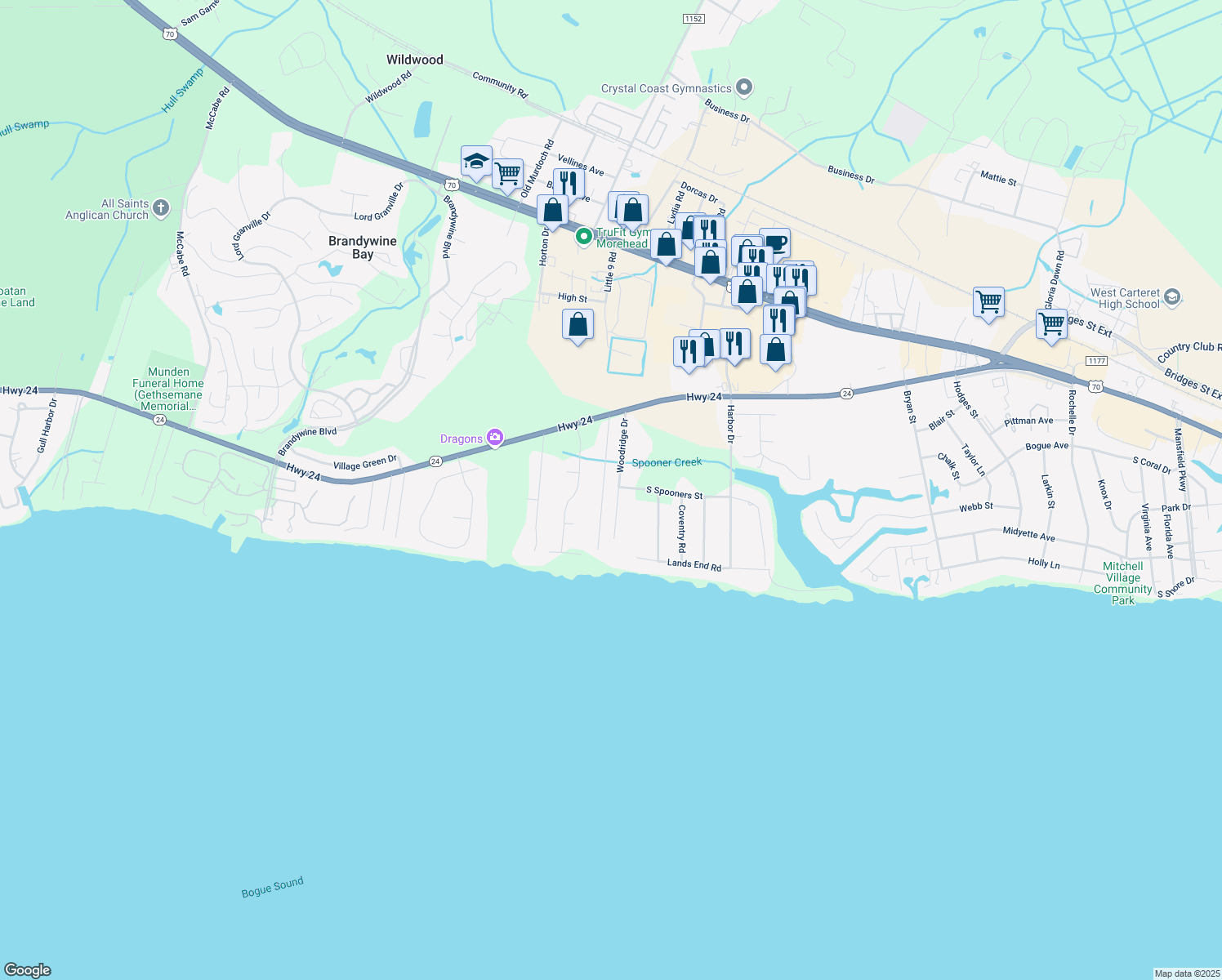 map of restaurants, bars, coffee shops, grocery stores, and more near 122 Woodridge Drive in Morehead City