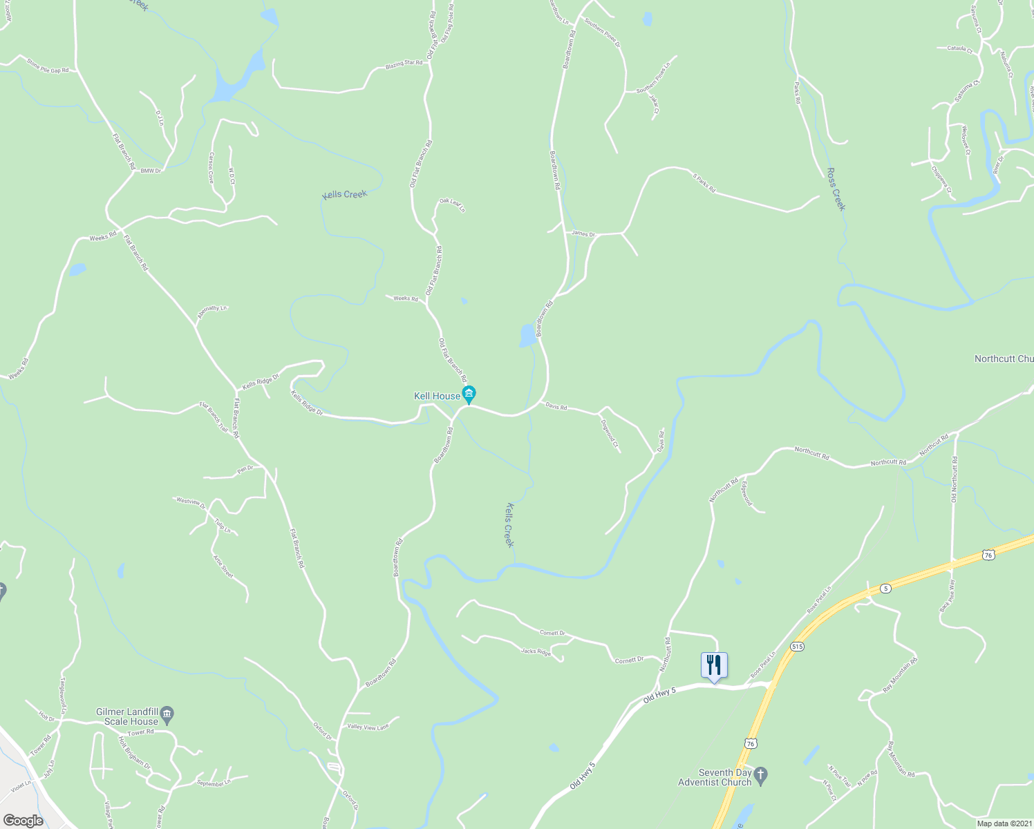 map of restaurants, bars, coffee shops, grocery stores, and more near Boardtown Road in Ellijay