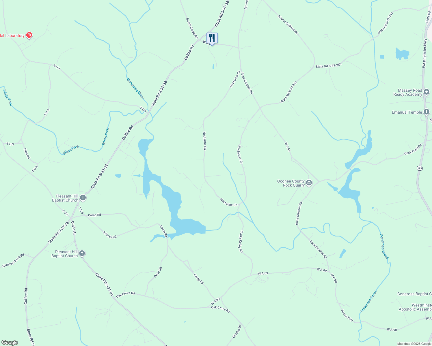 map of restaurants, bars, coffee shops, grocery stores, and more near 106 Ledbetter Lane in Walhalla
