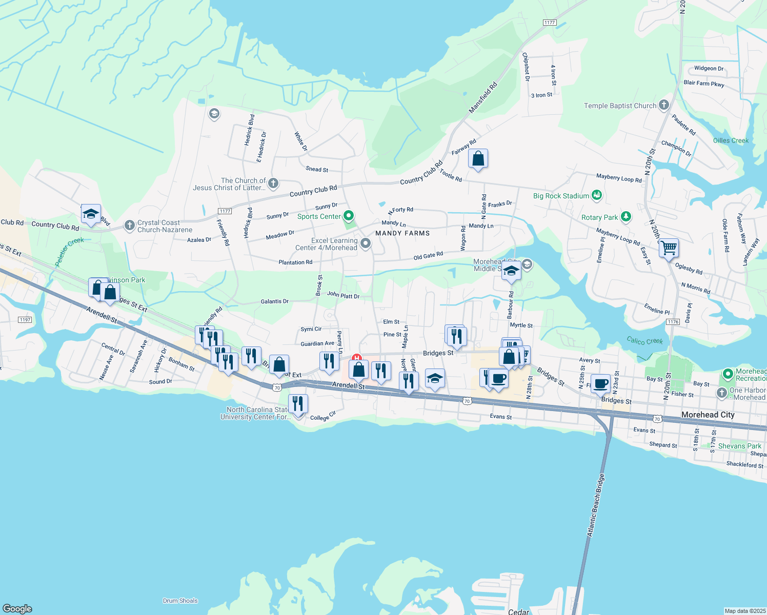 map of restaurants, bars, coffee shops, grocery stores, and more near Eaton Dr in Morehead City