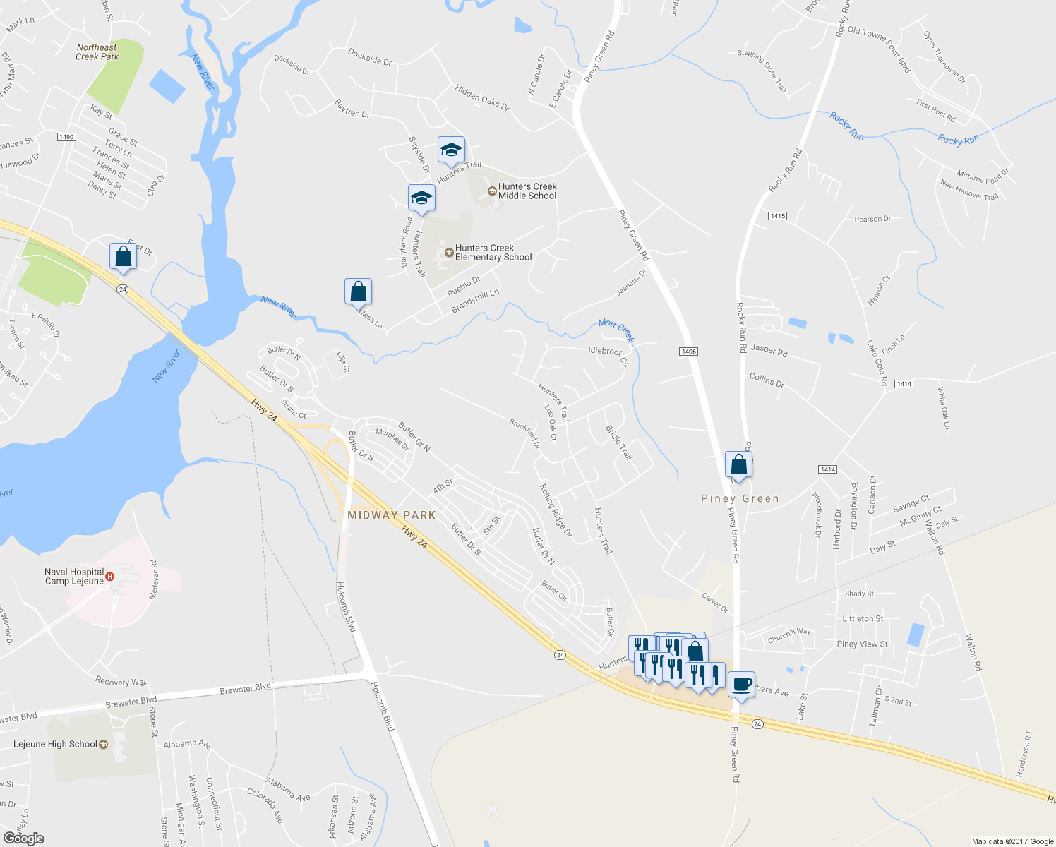 map of restaurants, bars, coffee shops, grocery stores, and more near 2626 Brookfield Drive in Piney Green