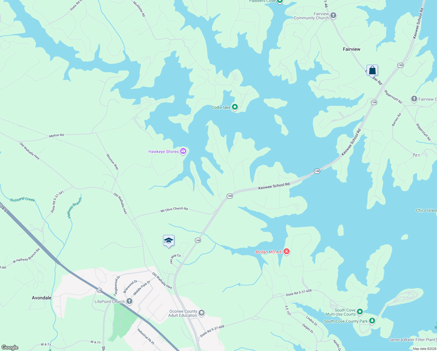 map of restaurants, bars, coffee shops, grocery stores, and more near 126 Cane Creek Harbor Road in Seneca