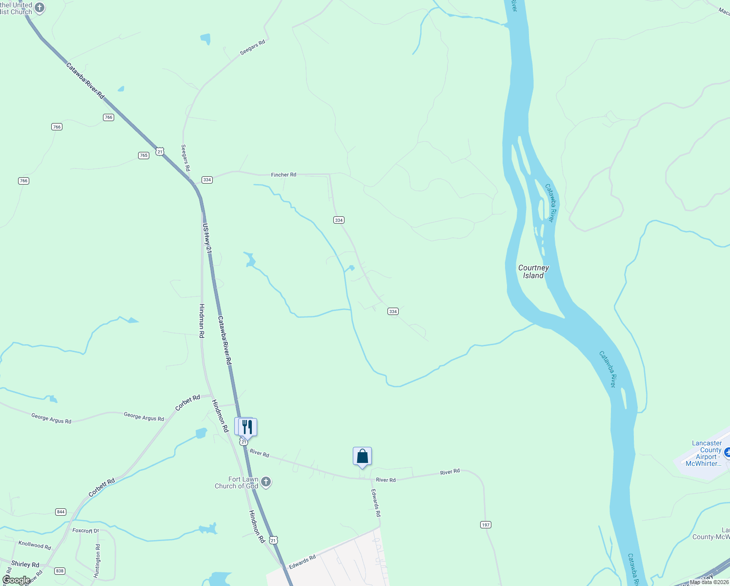 map of restaurants, bars, coffee shops, grocery stores, and more near 1244 Fincher Road in Fort Lawn