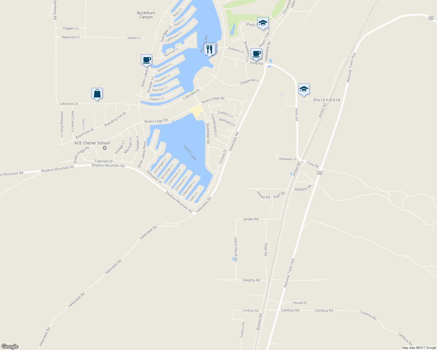 map of restaurants, bars, coffee shops, grocery stores, and more near 26379 Corona Drive in Helendale