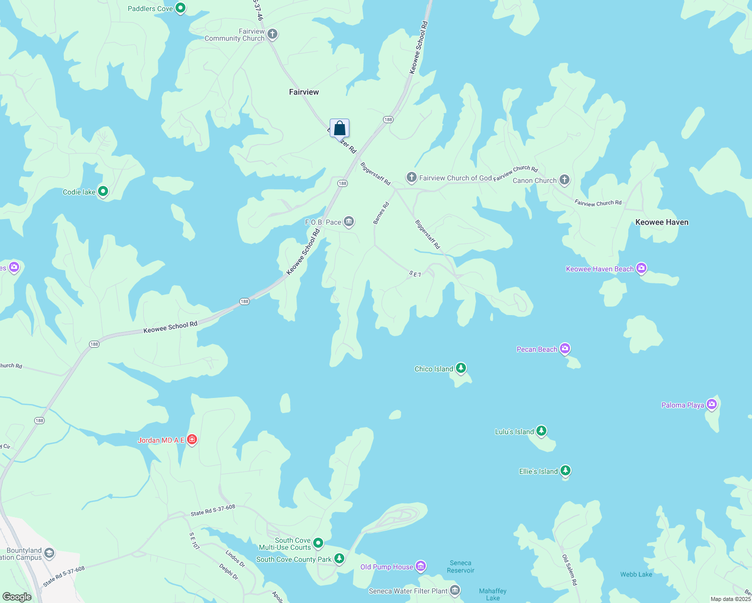 map of restaurants, bars, coffee shops, grocery stores, and more near 110 Southwind Bay Drive in Seneca