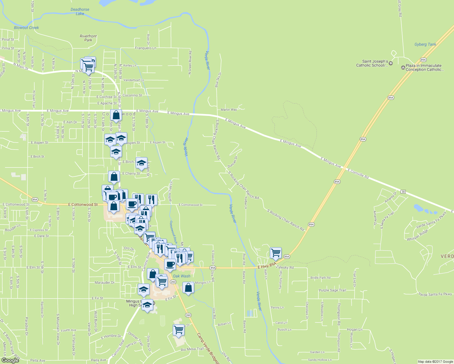 map of restaurants, bars, coffee shops, grocery stores, and more near 455 Happy Trail in Cottonwood