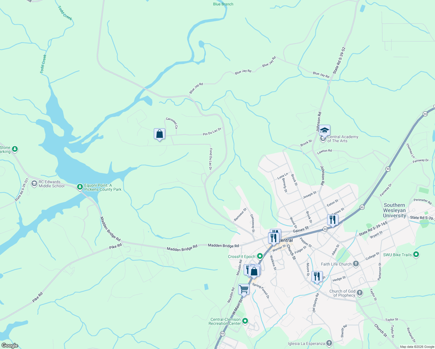 map of restaurants, bars, coffee shops, grocery stores, and more near 710 Maw Bridge Rd in Central