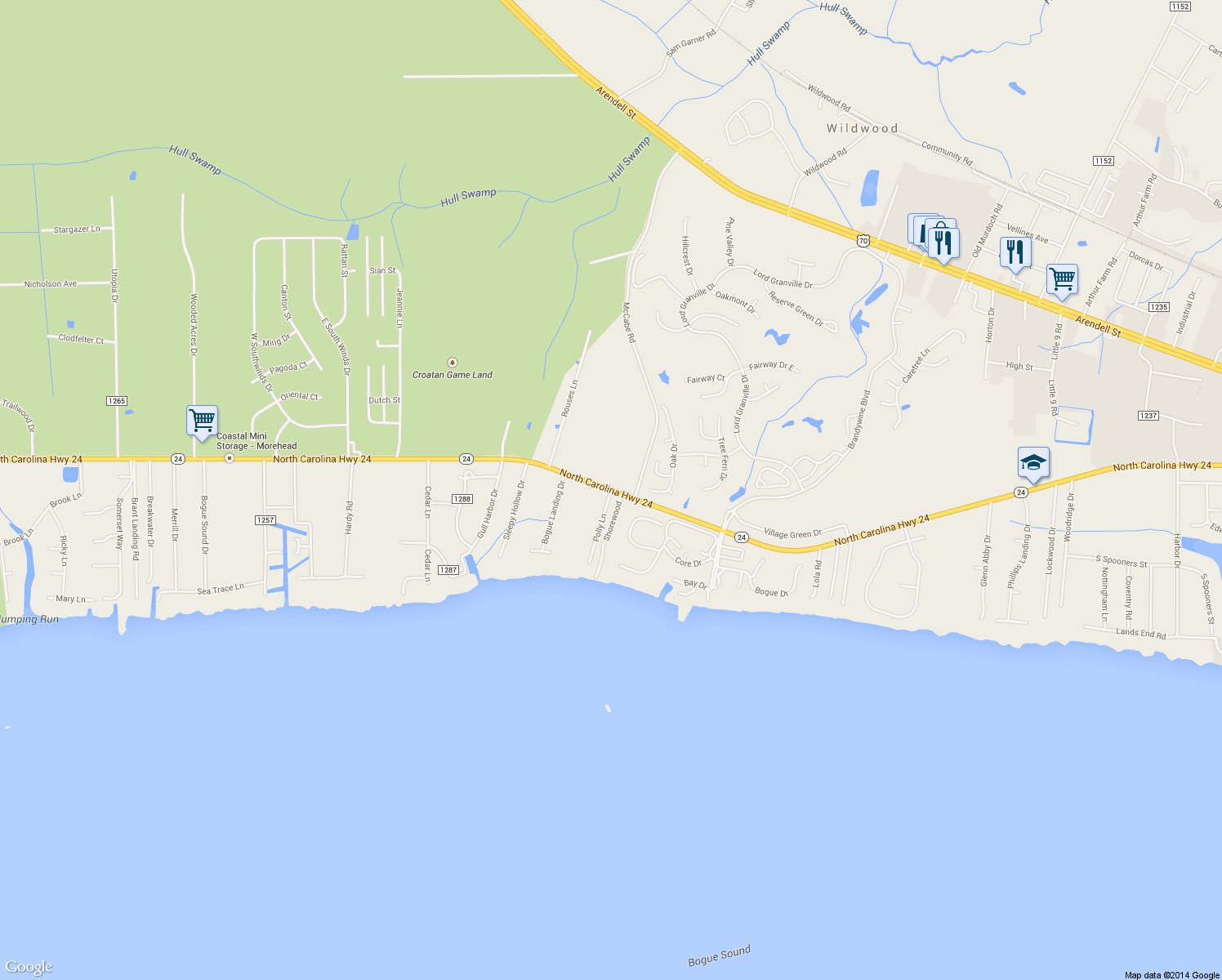 map of restaurants, bars, coffee shops, grocery stores, and more near 715 Hwy 24 in Newport