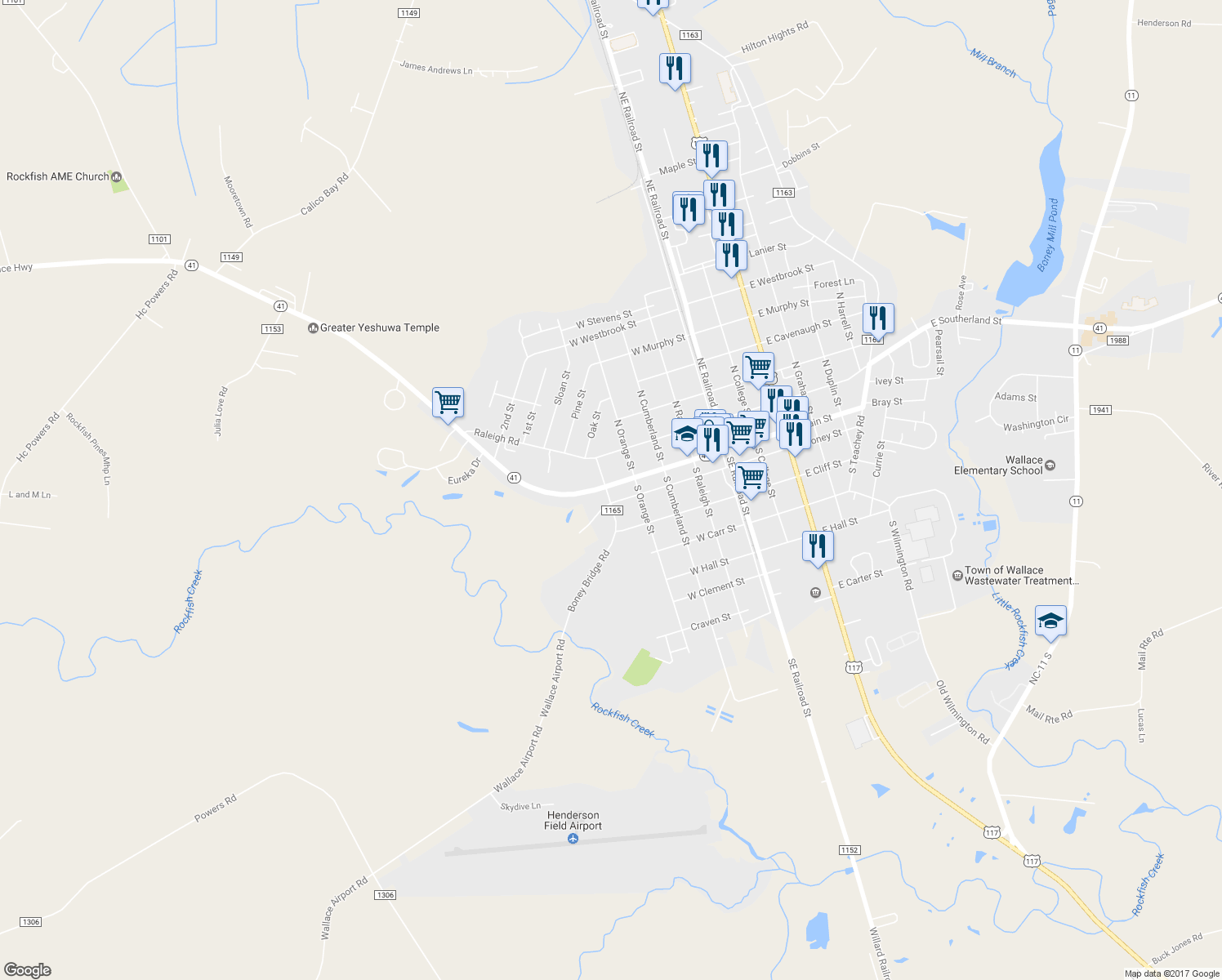 map of restaurants, bars, coffee shops, grocery stores, and more near 421 West Main Street in Wallace
