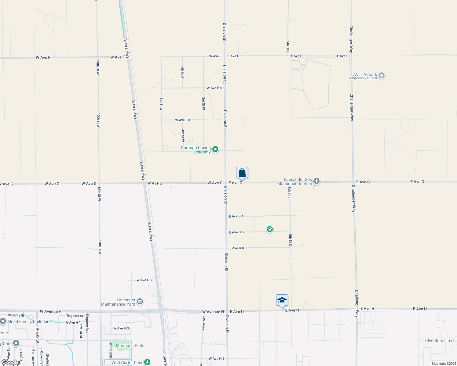 map of restaurants, bars, coffee shops, grocery stores, and more near 20 East Ave G in Lancaster
