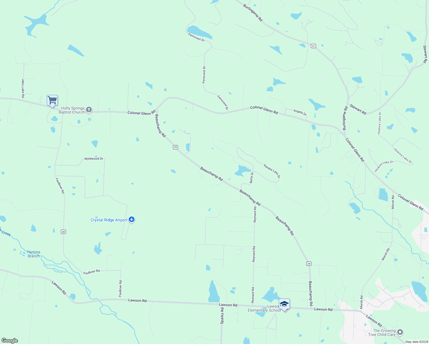 map of restaurants, bars, coffee shops, grocery stores, and more near 3101 Beauchamp Road in Little Rock