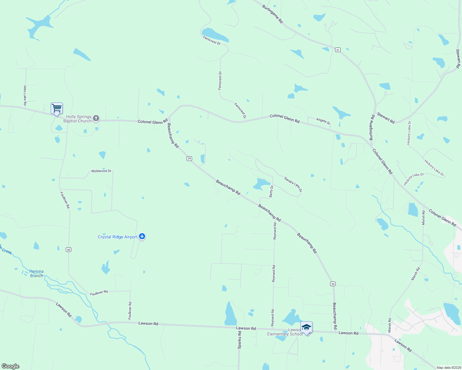 map of restaurants, bars, coffee shops, grocery stores, and more near 3101 Beauchamp Road in Little Rock