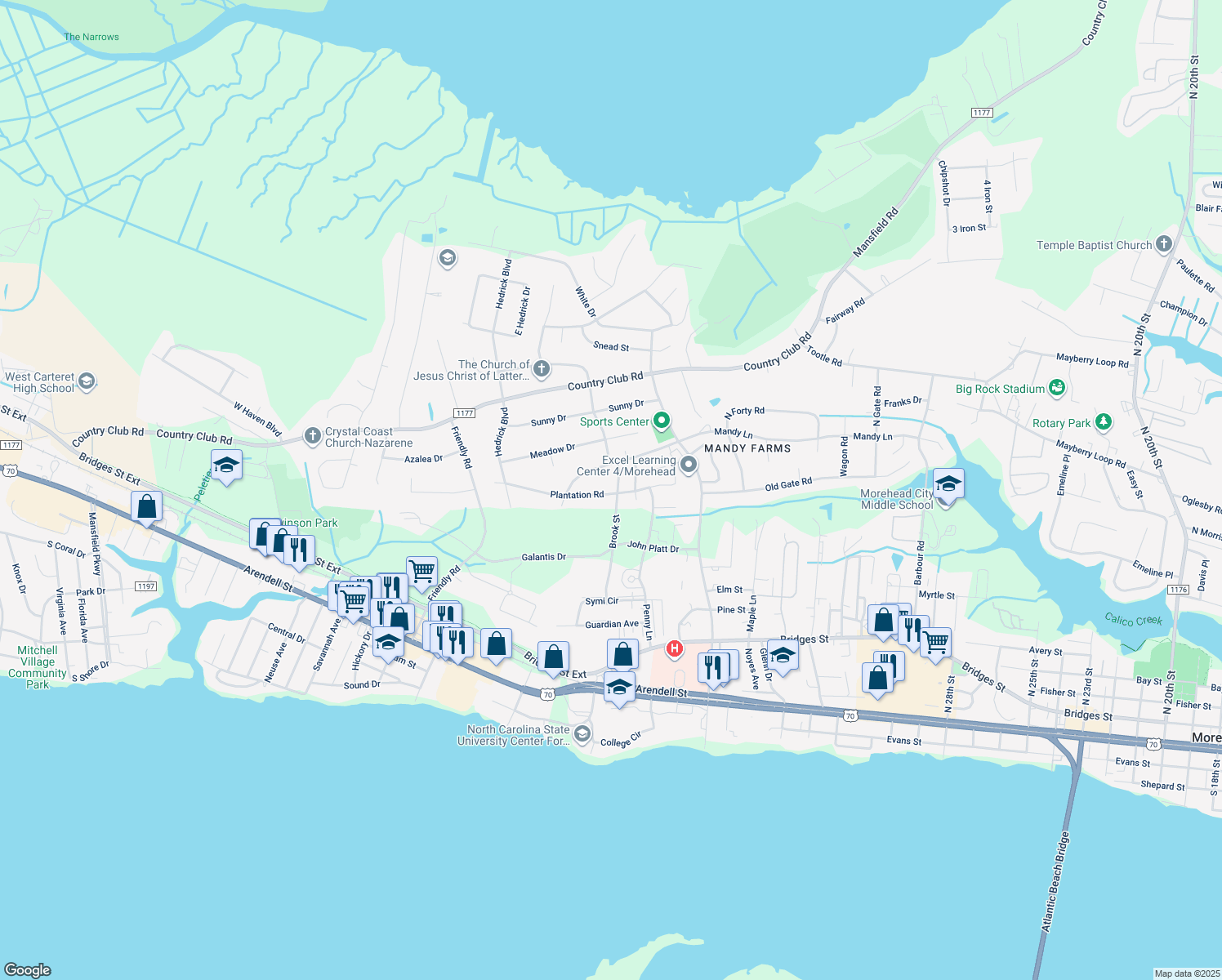 map of restaurants, bars, coffee shops, grocery stores, and more near 601 Brook Street in Morehead City