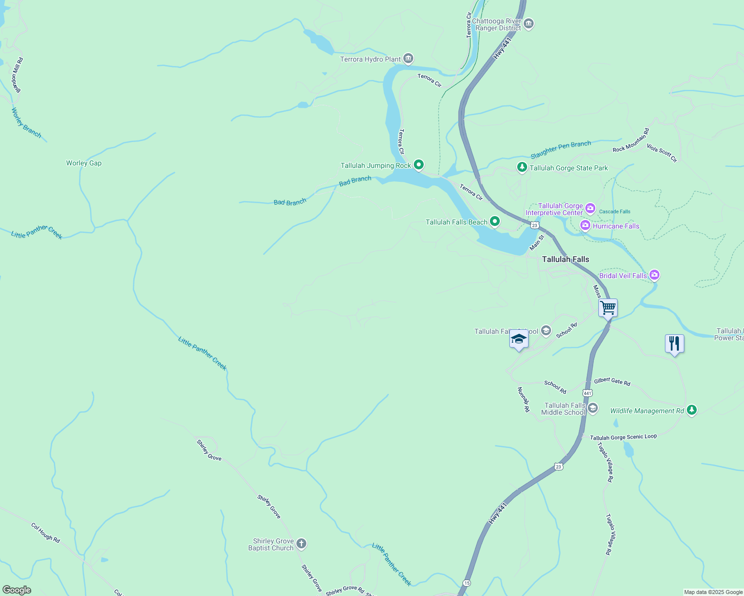map of restaurants, bars, coffee shops, grocery stores, and more near 296 Tallulah View in Tallulah Falls