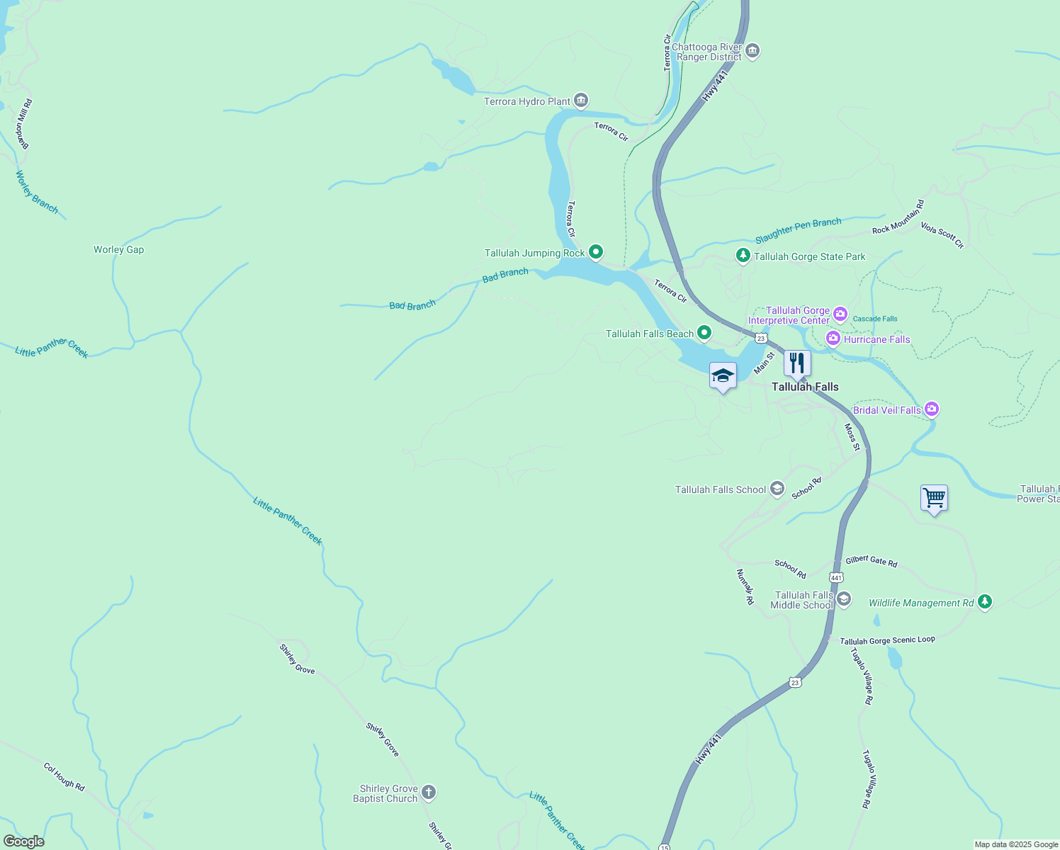 map of restaurants, bars, coffee shops, grocery stores, and more near 296 Tallulah View in Tallulah Falls