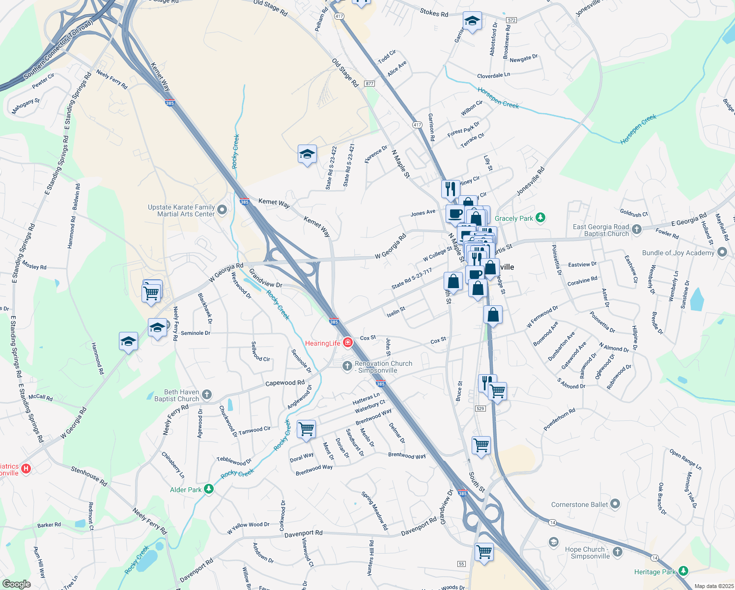 map of restaurants, bars, coffee shops, grocery stores, and more near 104 Woodside Park Drive in Simpsonville